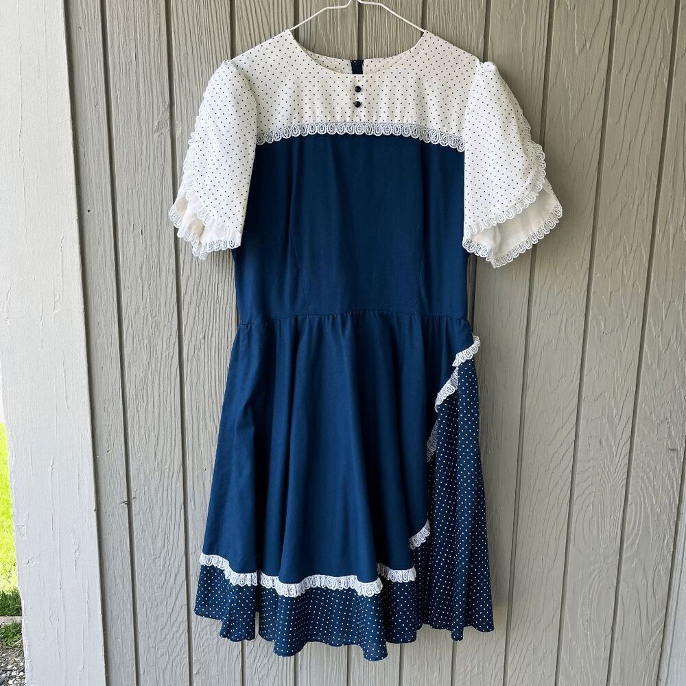 Vintage 80s Jeri Bee Square Dance Dress Navy Polka Dot L/XL, Petal Sleeve